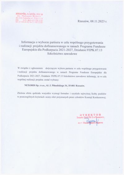 Informacja o wyborze partnera